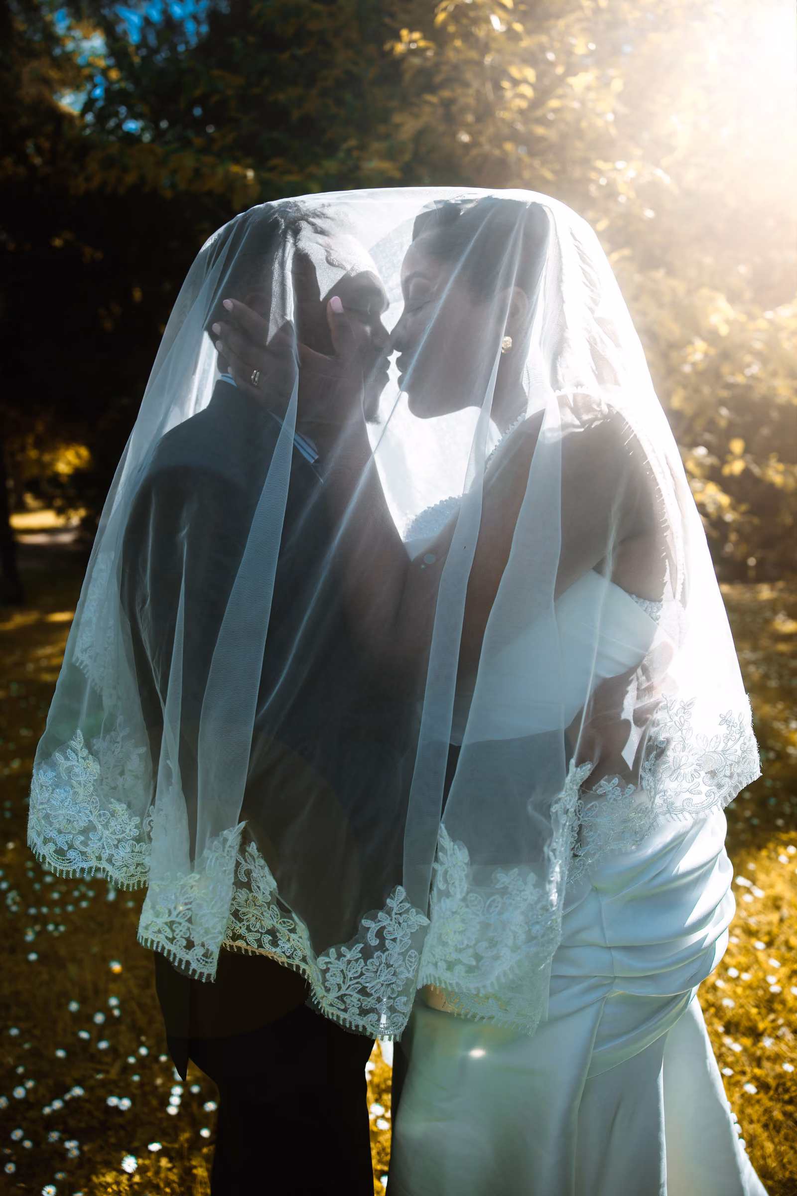 Les mariés s'embrassent sous le voile, dans la lumière dorée de fin de journée